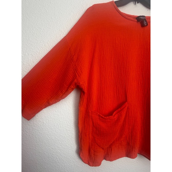 Jones & Co Top Womens 1X Orange Crinkled Cotton 3/4 Sleeves Dual Pocket Front - Picture 3 of 6